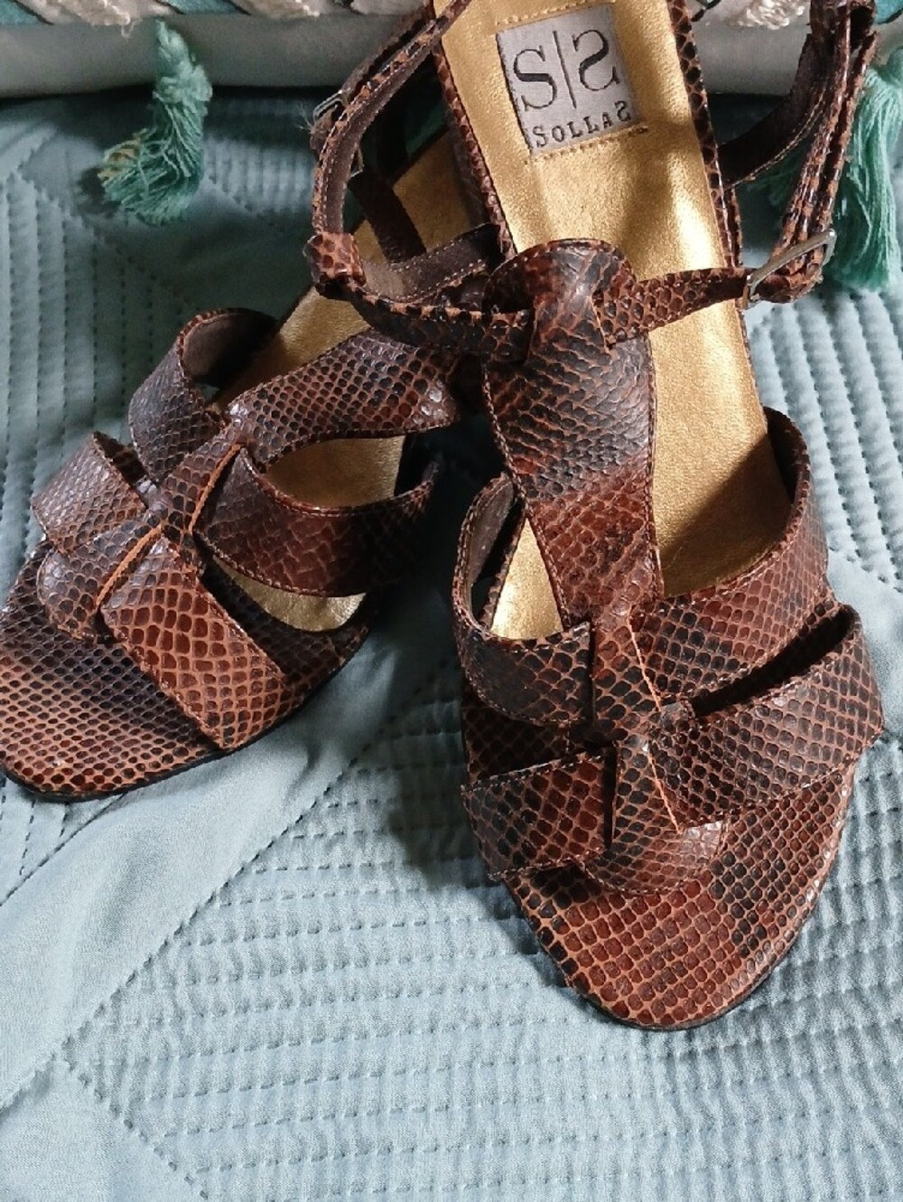 Vintage  Brown Snakeskin-Print Leather Heeled Sandals